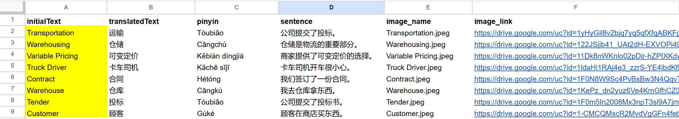 Example of Google Sheet